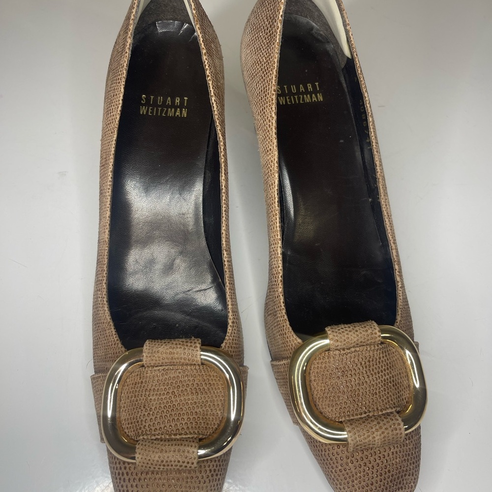 Stuart Weitzman The Tube Goose Bump Nappa Leather Heels Gold Buckle Size 7.5N